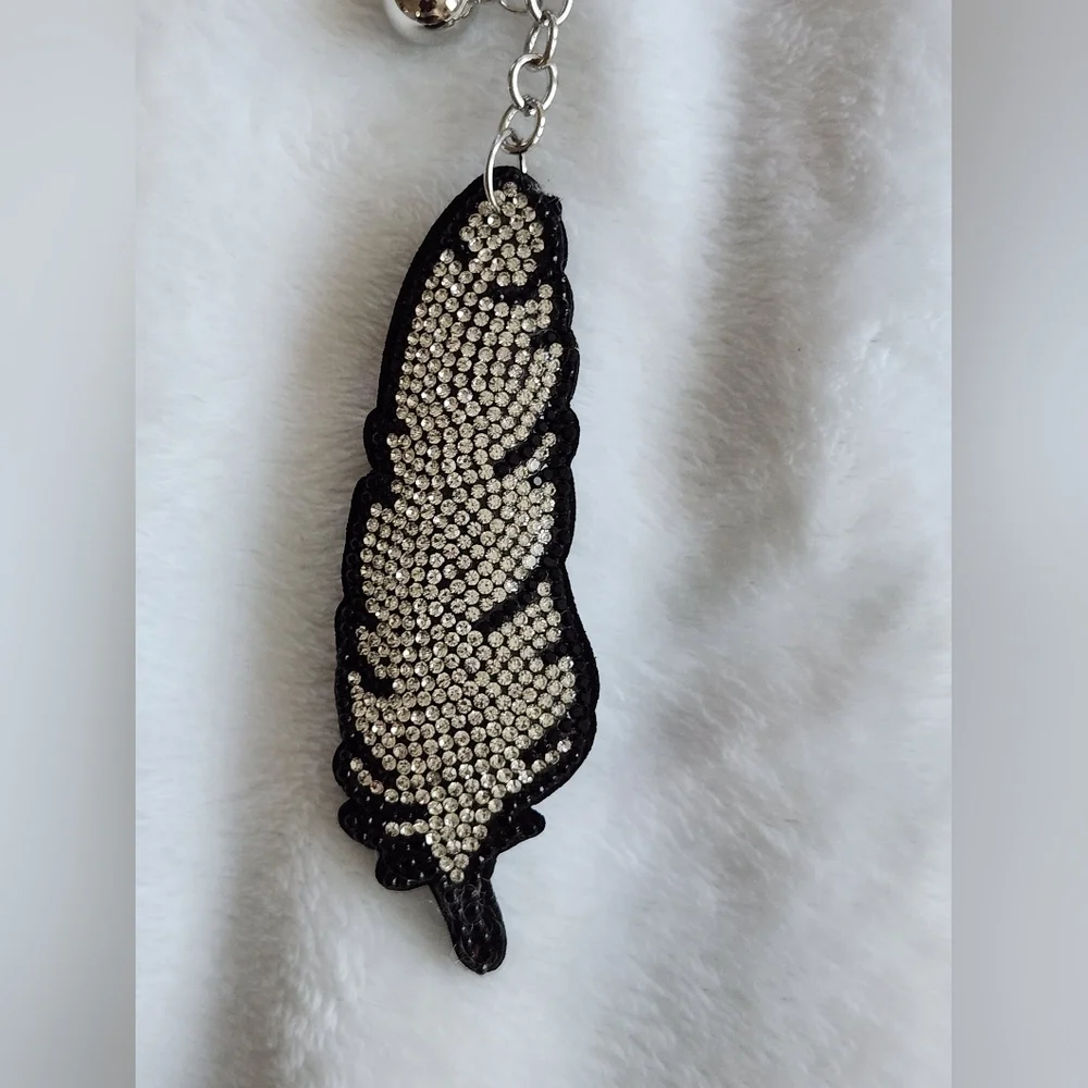 Elegant Black and Silver Feather Rhinestone Keychain Bag Charm